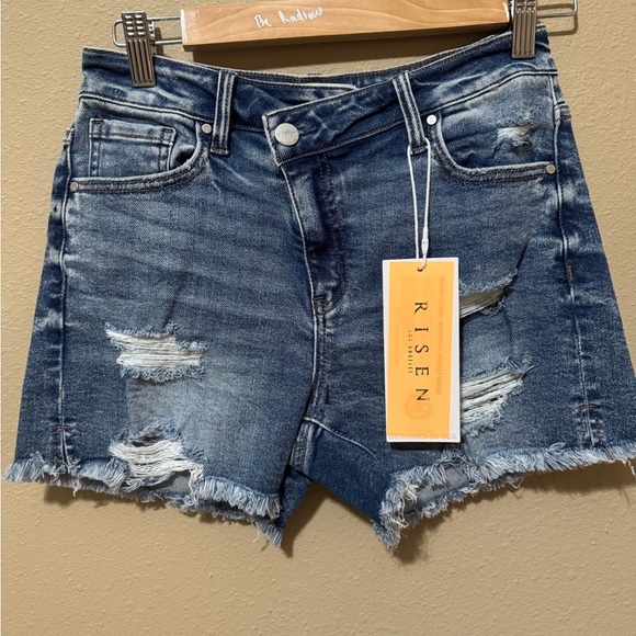 Risen Jeans Pants - Risen Women's Dark Blue Distressed Jean Shorts